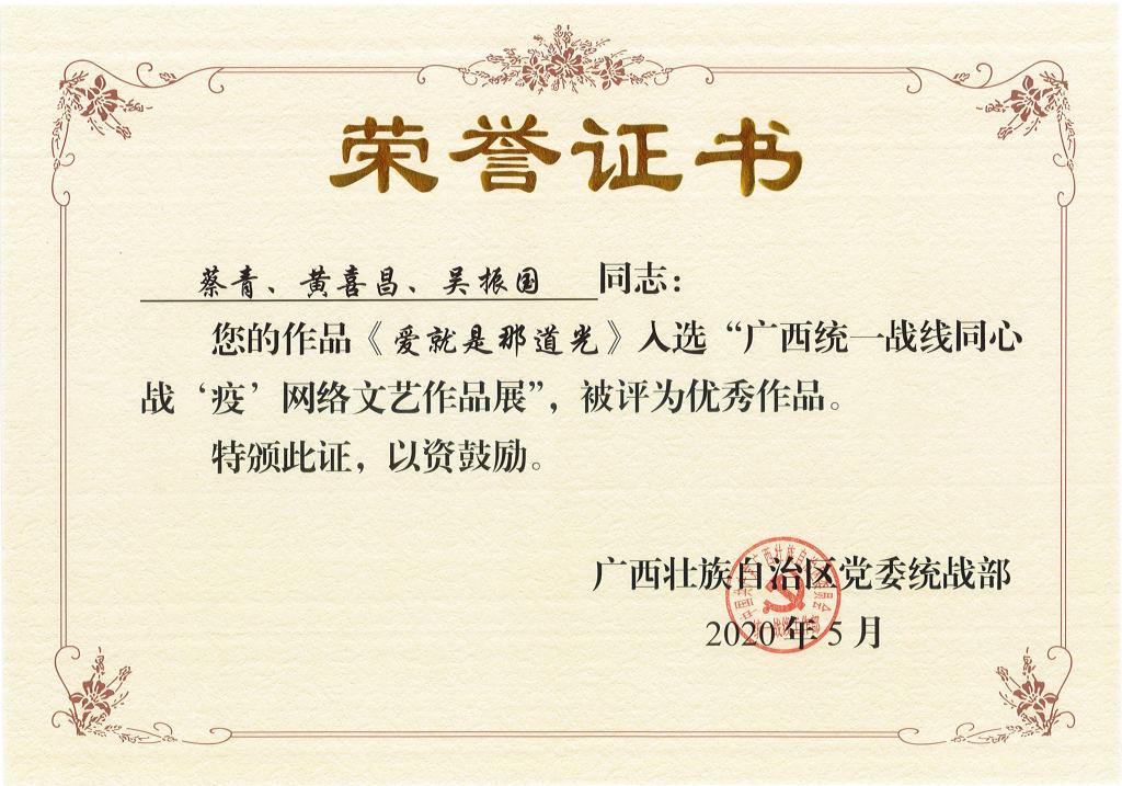 爱就是那道光,获奖证书